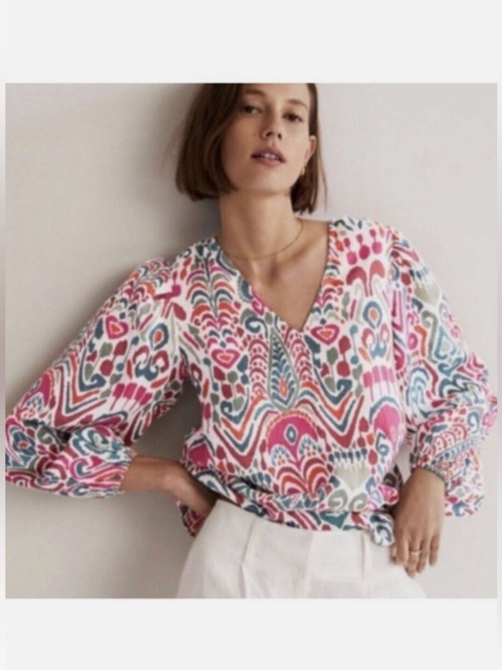NWT Boden 100% Linen V-neck Puff Sleeve Vibrant Ikat Print PopOver Blouse Size12